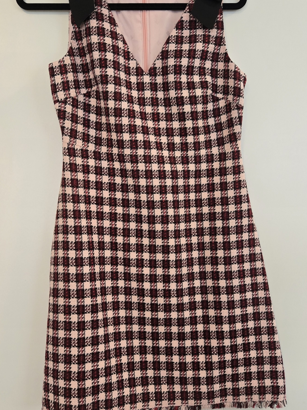 kate spade Pink and Burgundy Check V-Neck Sleeveless Midi Dress with Fringe Hem